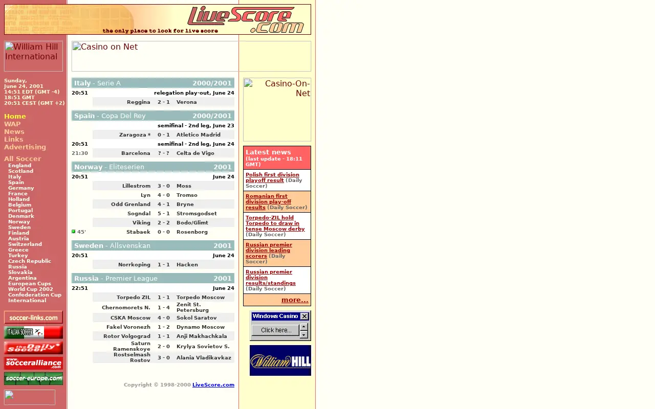 livescore.com on June 24, 2001