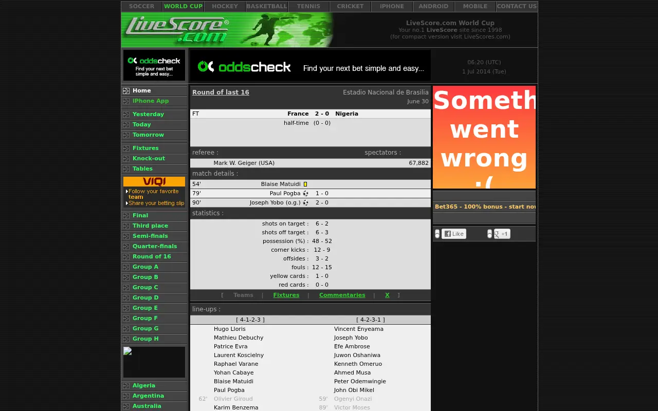 livescore.com on July 1, 2014