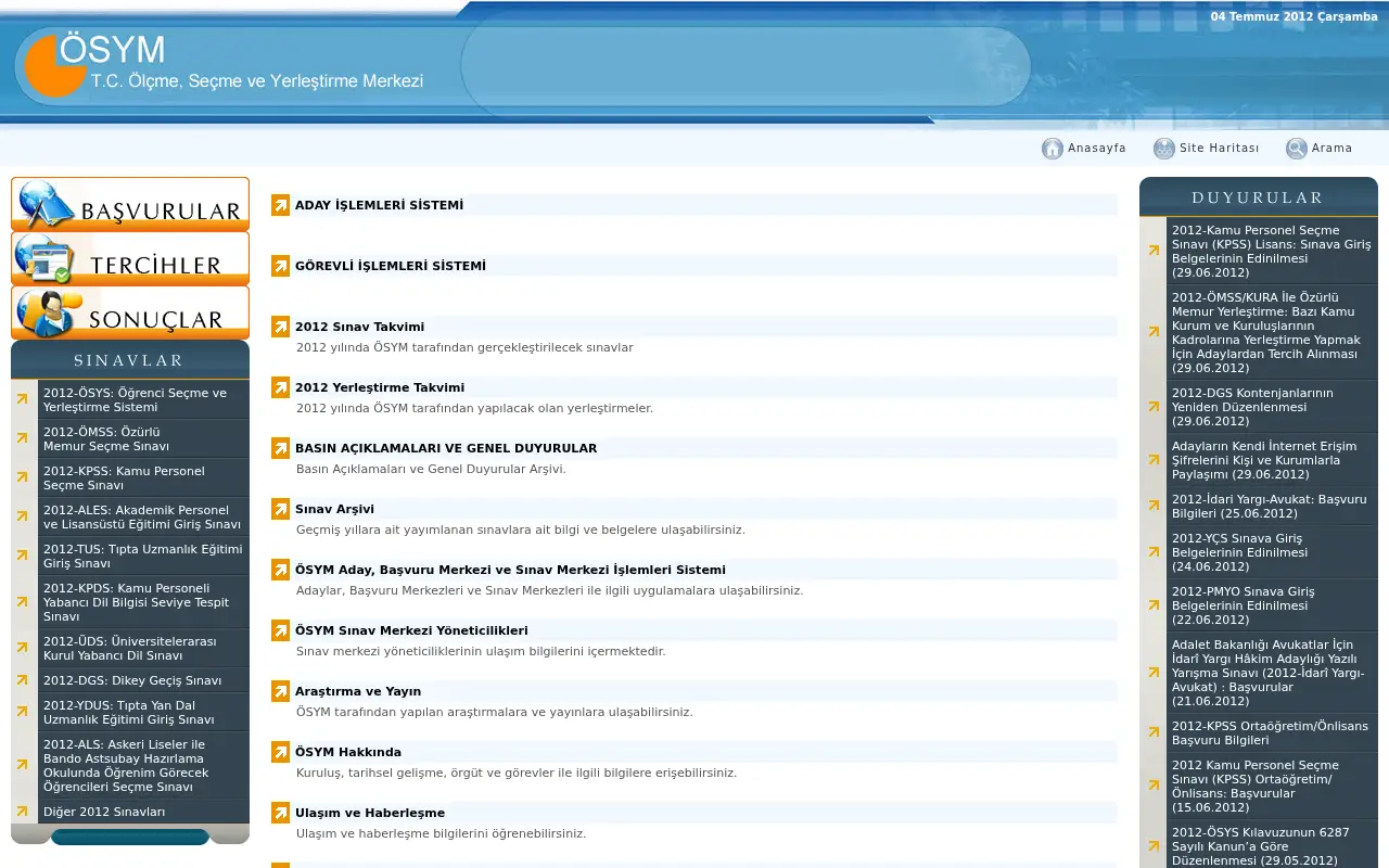osym.gov.tr in 2012