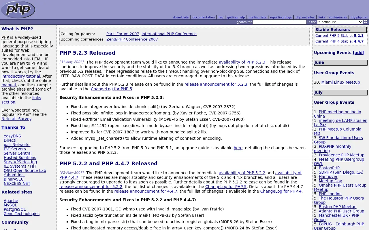 php.net on July 1, 2007