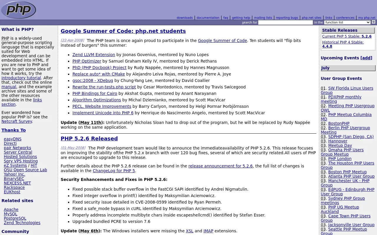 php.net on July 1, 2008