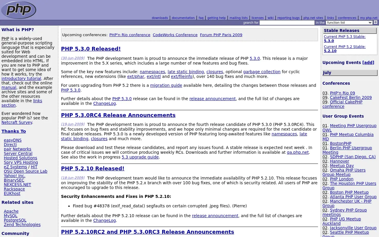php.net on July 1, 2009