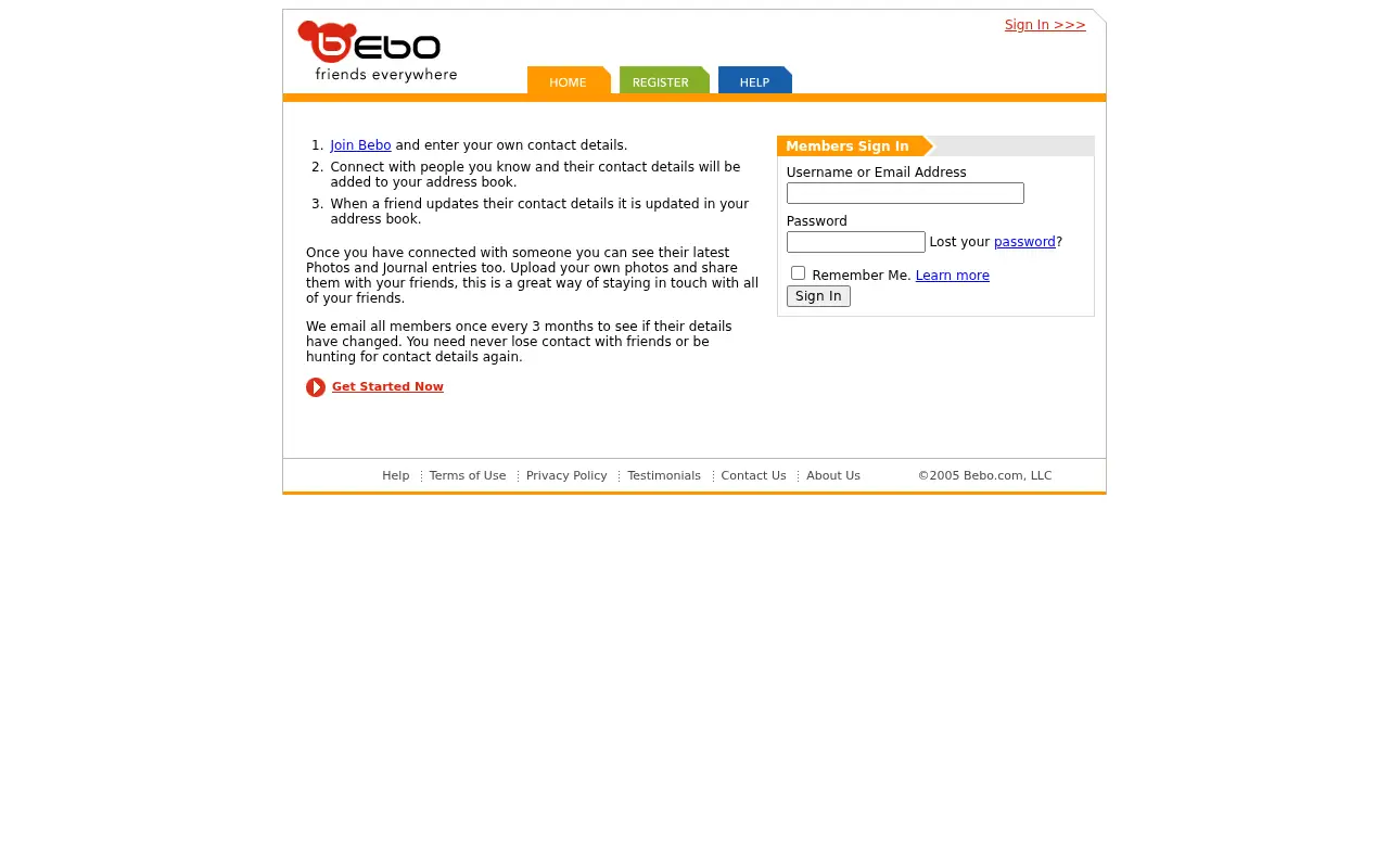 bebo.com in 2005