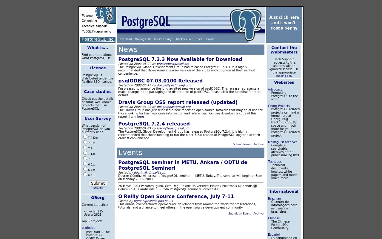 postgresql.org in 2003