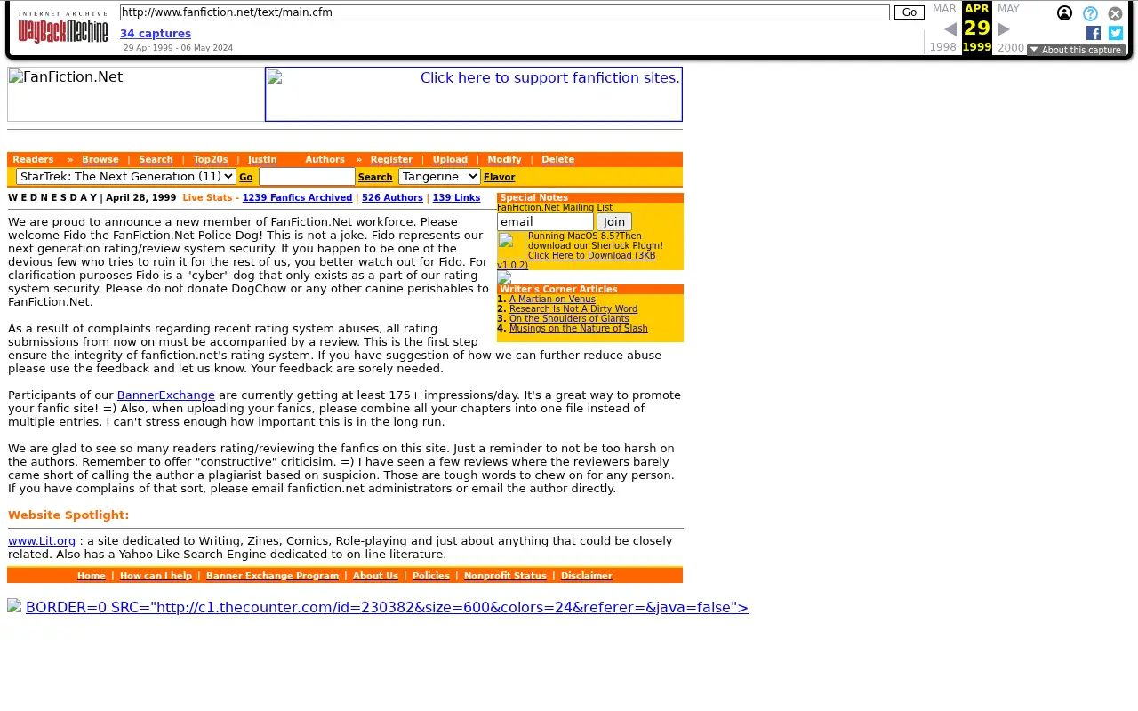 fanfiction.net on April 29, 1999