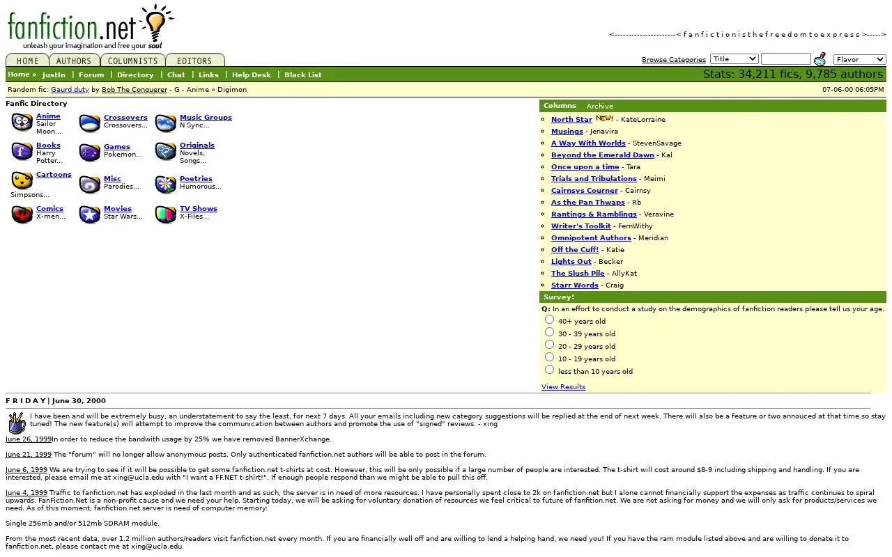 fanfiction.net on July 7, 2000