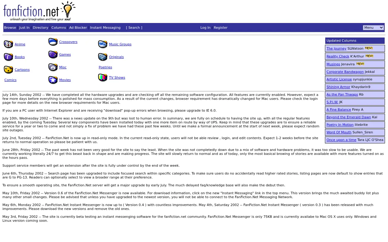 fanfiction.net on July 19, 2002