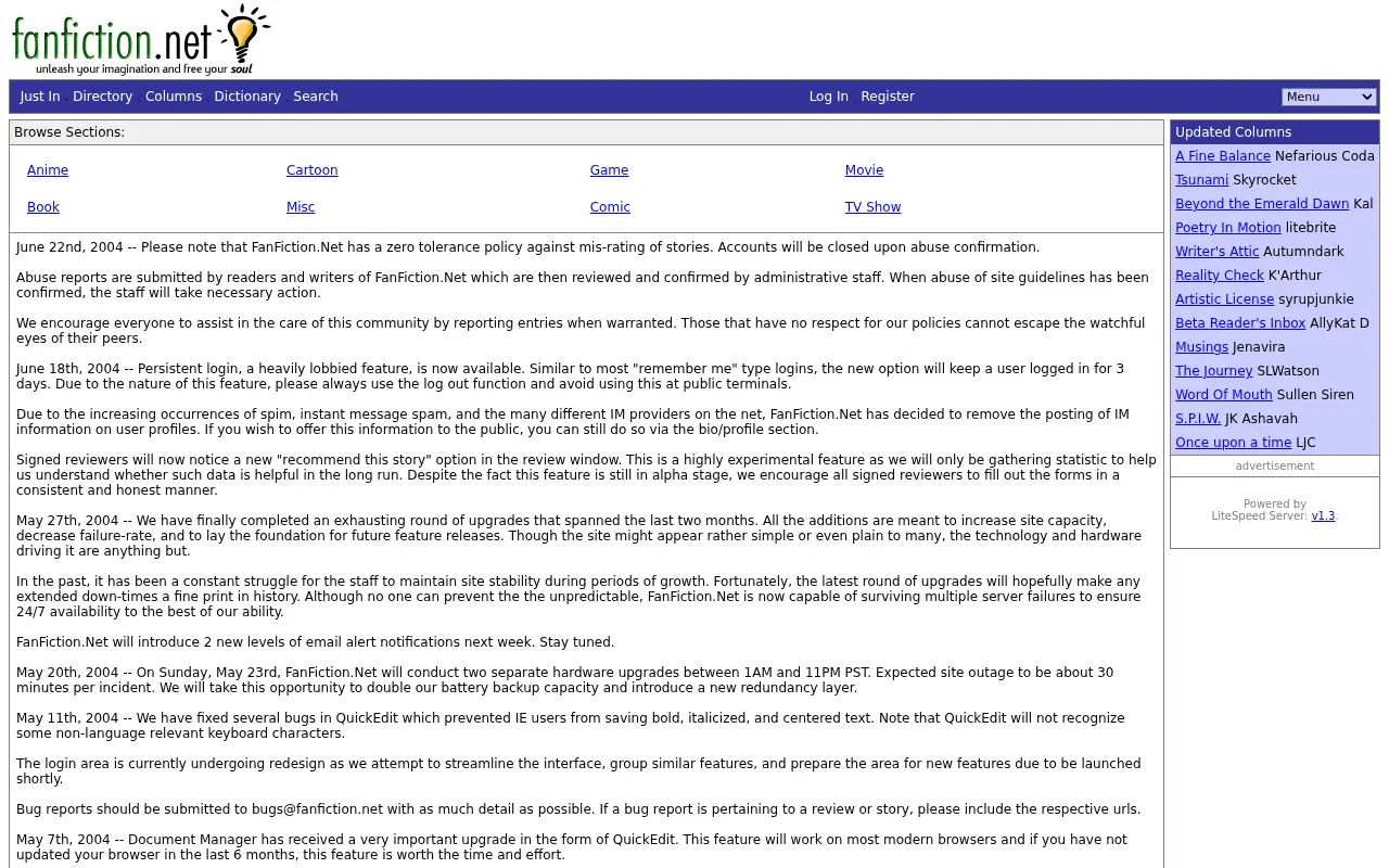 fanfiction.net on June 29, 2004
