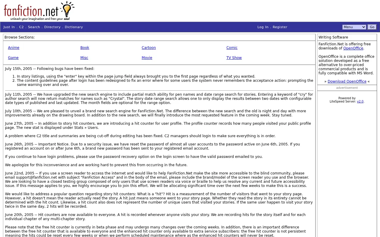 fanfiction.net on July 20, 2005